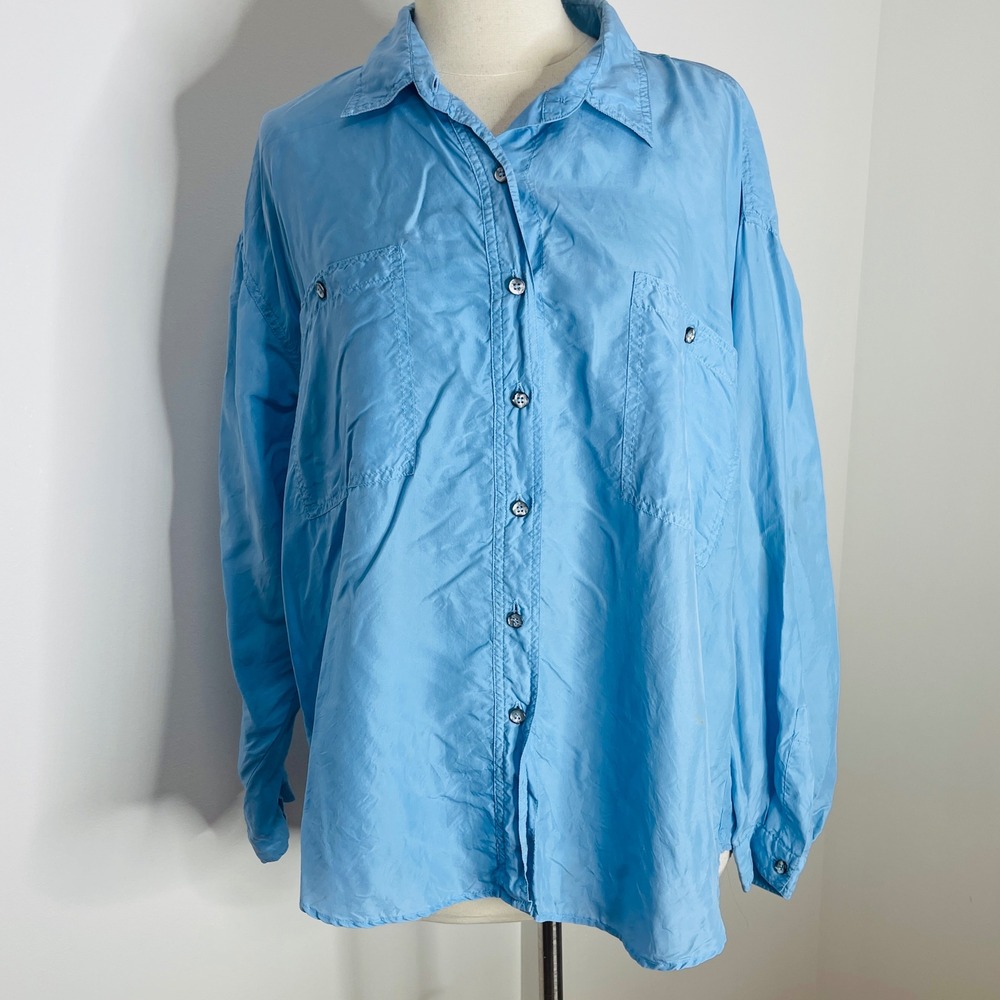 Andrew Sport Blue 100% Silk Button Down Shirt Oversized Long Sleeve Top Large